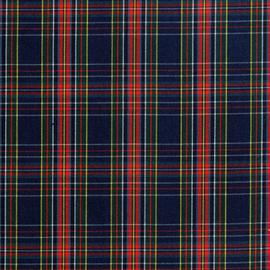 Tela polidacron escocés SchoolLine en azul marino con cuadros rojo, verde y amarillo; ideal para uniformes escolares e institucionales.