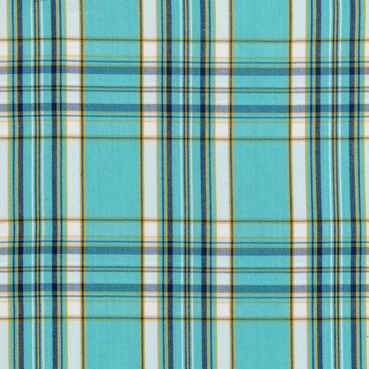 Tela polidacron escocés turquesa con rayas azul marino y blanco; ideal para uniformes escolares e institucionales SchoolLine.