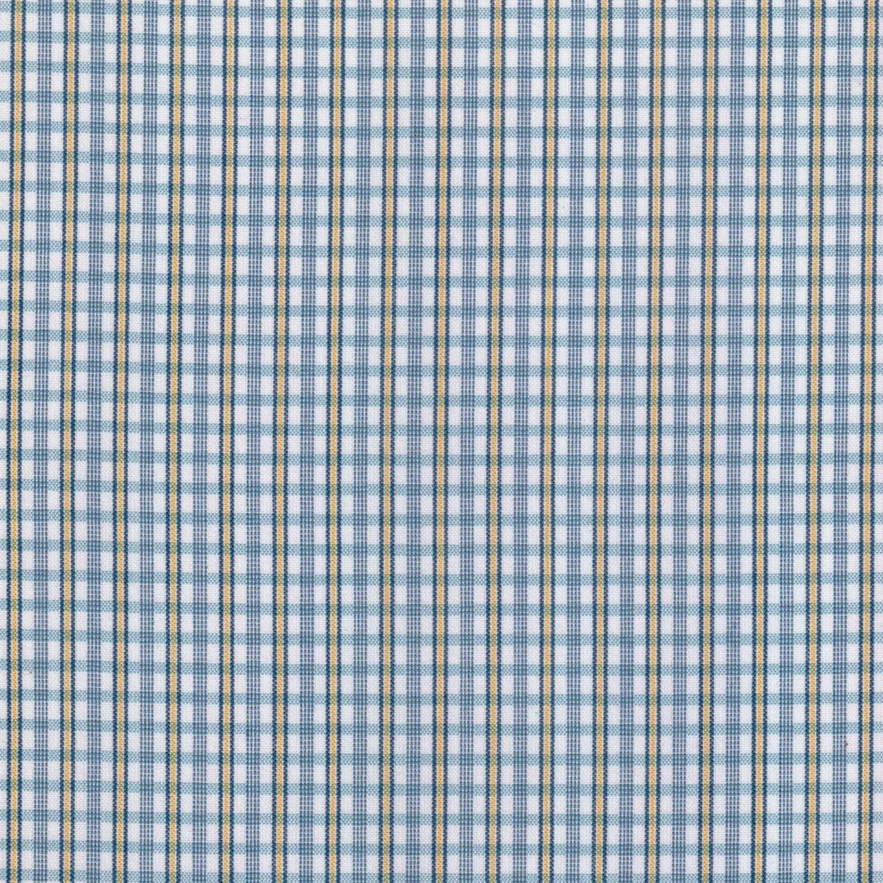 Tela para uniforme escocés azul claro con cuadros azules y líneas amarillas; tela SchoolLine