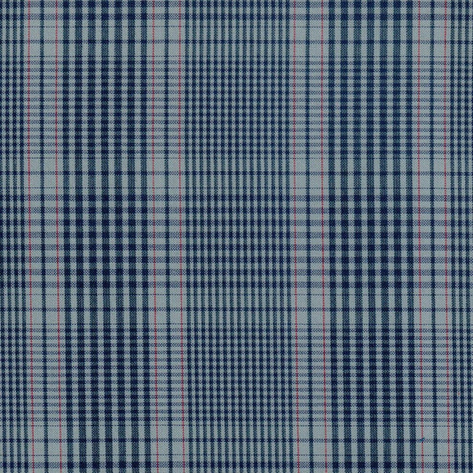 Tela escocesa para uniformes escolares azul marino y blanco con cuadros tartán rojos; SchoolLine.