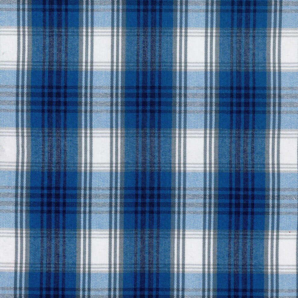 Tela para uniforme polidacron escocés azul con cuadros blancos y azules; tela escolar SchoolLine para uniformes institucionales.