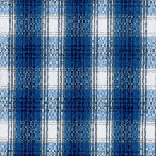 Tela para uniforme polidacron escocés azul con cuadros blancos y azules; tela escolar SchoolLine para uniformes institucionales.