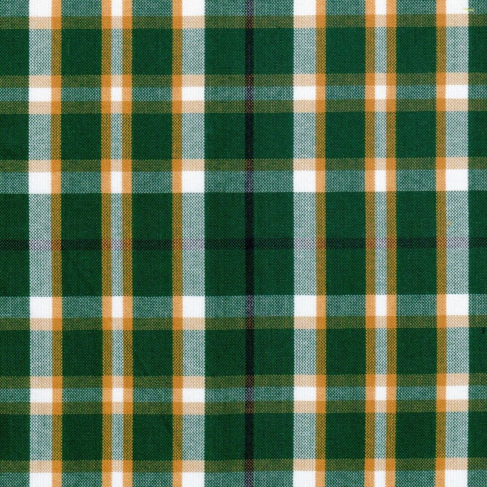 Tela para uniforme verde com xadrez tartan laranja/branco, design escocês, ideal para uniformes escolares e institucionais.