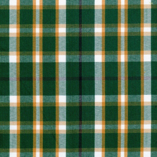 Tela para uniforme verde com xadrez tartan laranja/branco, design escocês, ideal para uniformes escolares e institucionais.