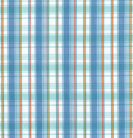 Tela para uniforme escocés azul y azul claro con cuadros y líneas rojas; ideal para uniformes escolares e institucionales, SchoolLine.