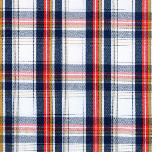 Tela polidacron escocés en tartán azul marino, rojo y mostaza; ideal para uniformes escolares e institucionales.