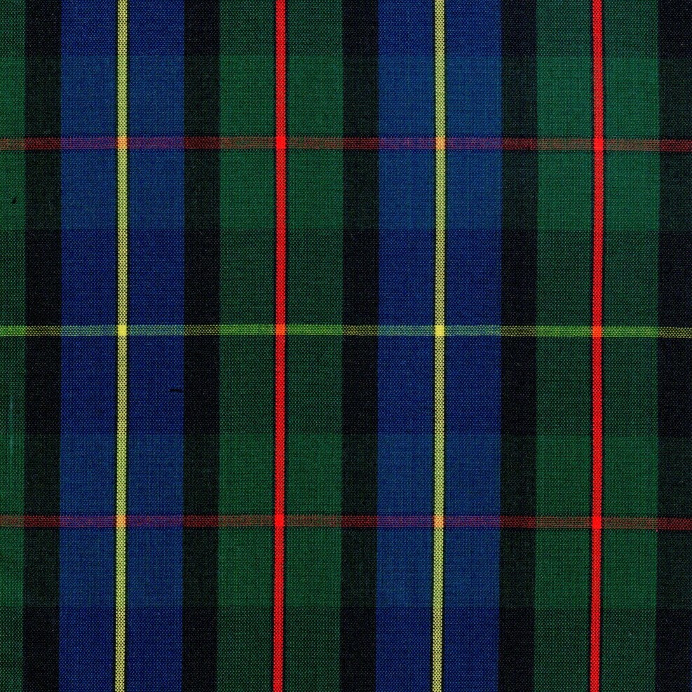 Tela para uniforme escolar escocés de SchoolLine, tartán azul/verde con líneas rojas y amarillas.