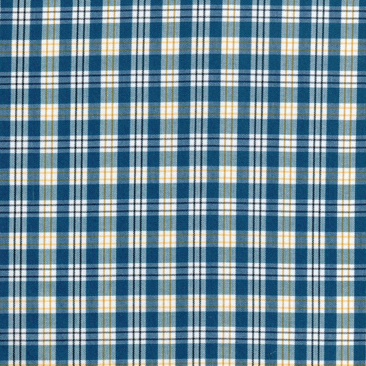 Tela polidacron escocés azul con cuadros blancos y líneas amarillas; tela para uniformes escolares e institucionales SchoolLine.
