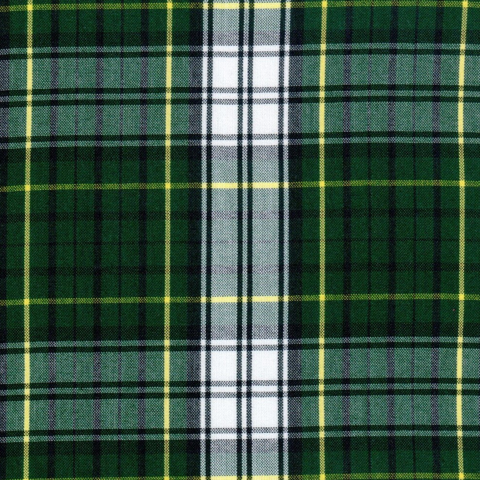 Tela polidacron escocés verde/negro con blanco y amarillos; ideal para uniformes escolares e institucionales SchoolLine.
