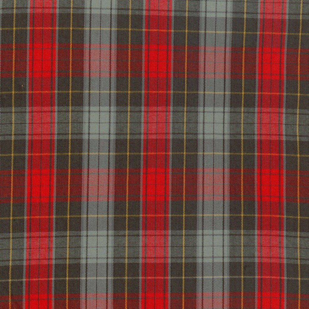 Tela polidacron escocés SchoolLine, tartán rojo y gris con líneas amarillas; ideal para uniformes escolares e institucionales.