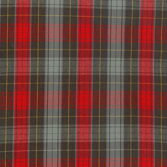Tela polidacron escocés SchoolLine, tartán rojo y gris con líneas amarillas; ideal para uniformes escolares e institucionales.