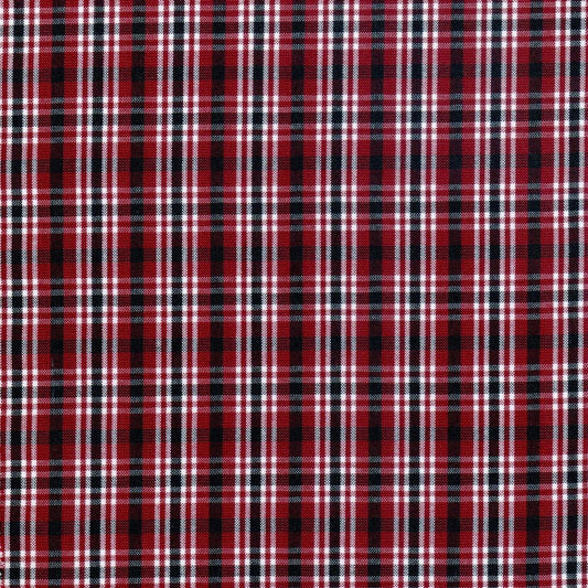 Tela para uniforme polidacron escocés en rojo, negro y blanco; diseño a cuadros, ideal para uniformes escolares e institucionales.