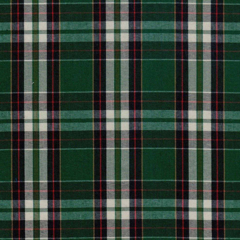 Tela para uniforme polidacron escocés verde plaid con cuadros blanco, negro y rojo; SchoolLine.