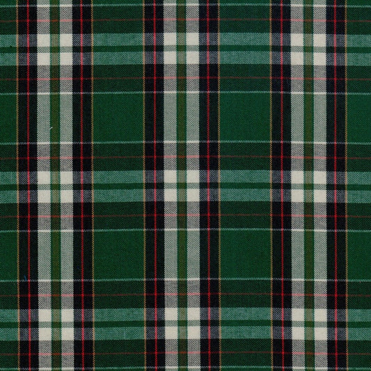 Tela para uniforme polidacron escocés verde plaid con cuadros blanco, negro y rojo; SchoolLine.