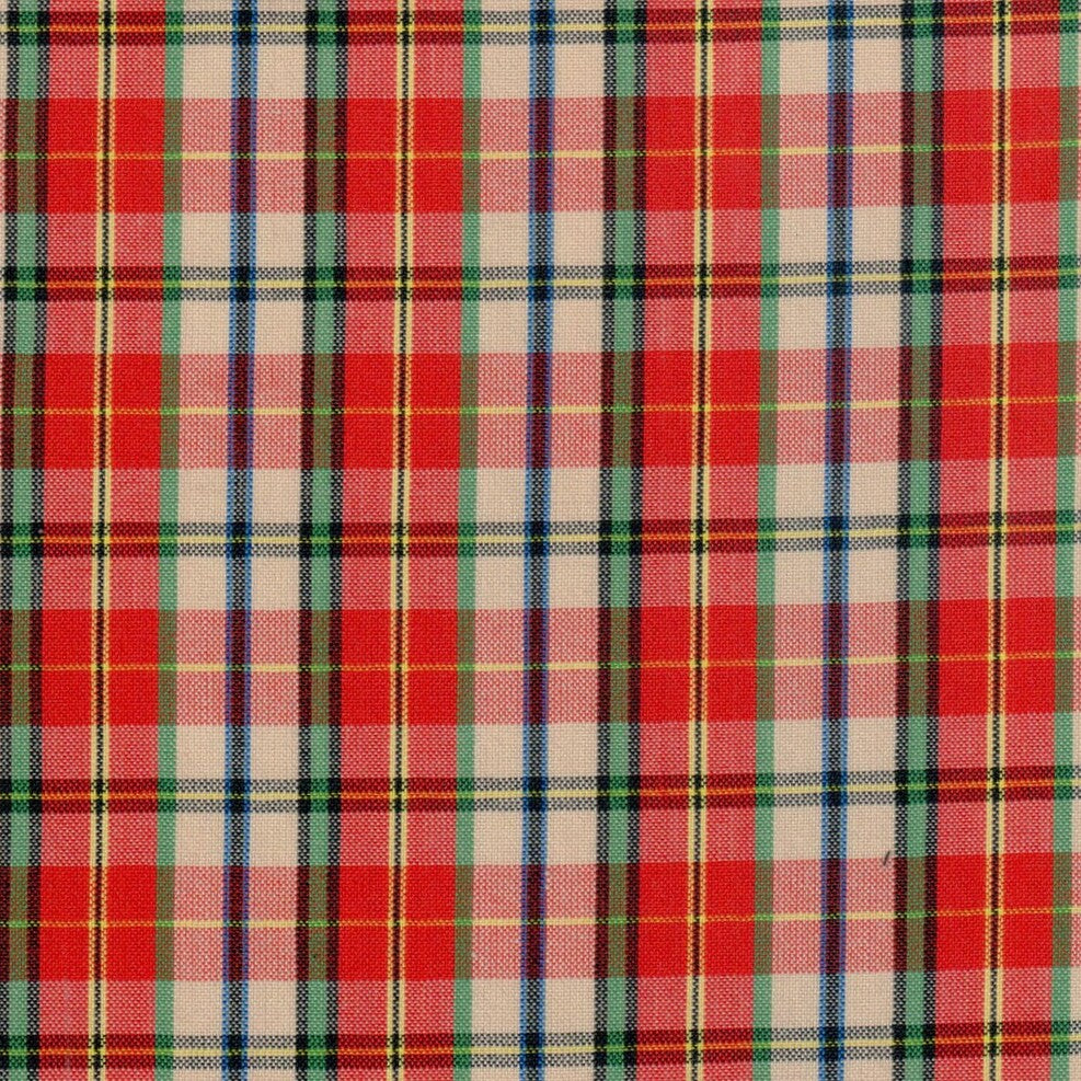 Tela polidacron escocés rojo, verde y crema en tartán a cuadros; ideal para uniformes escolares e institucionales