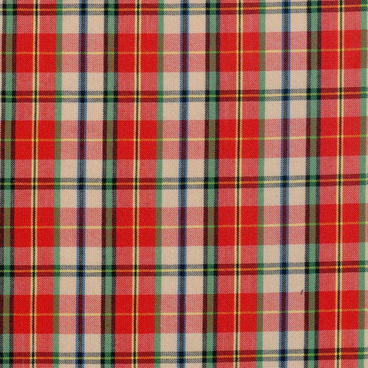 Tela polidacron escocés rojo, verde y crema en tartán a cuadros; ideal para uniformes escolares e institucionales