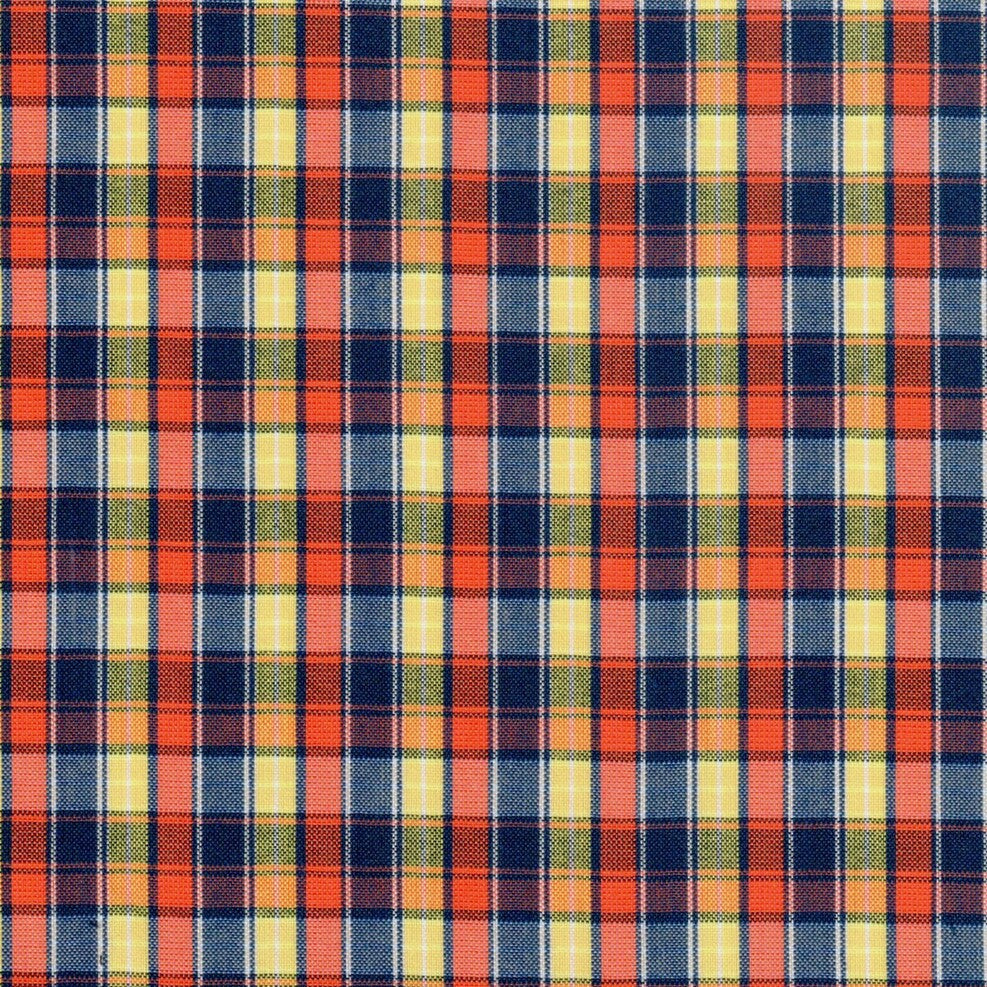 Tela para uniforme polidacron escocés SchoolLine en cuadros naranja, azul marino y amarillo; ideal para uniformes escolares.