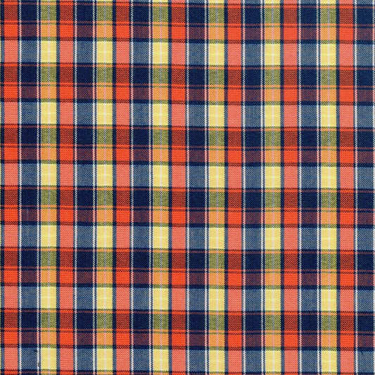Tela para uniforme polidacron escocés SchoolLine en cuadros naranja, azul marino y amarillo; ideal para uniformes escolares.