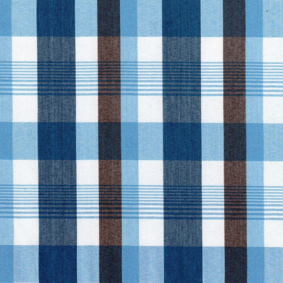 Tela escocesa azul y marrón con diseño tartán, ideal para uniformes escolares e institucionales – SchoolLine