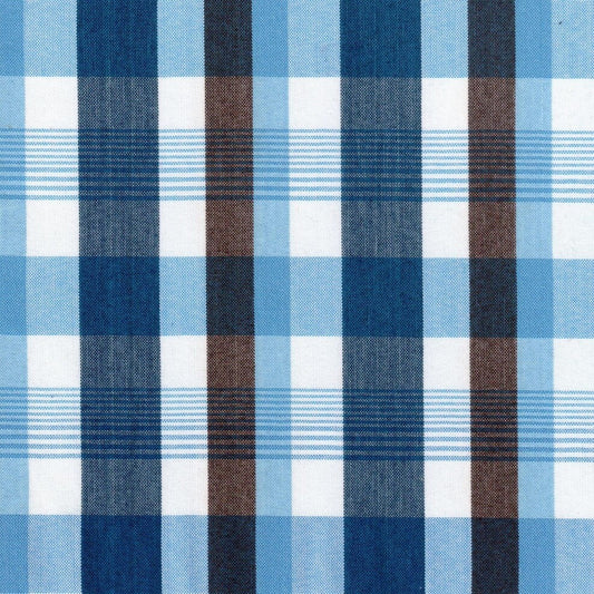Tela escocesa azul y marrón con diseño tartán, ideal para uniformes escolares e institucionales – SchoolLine
