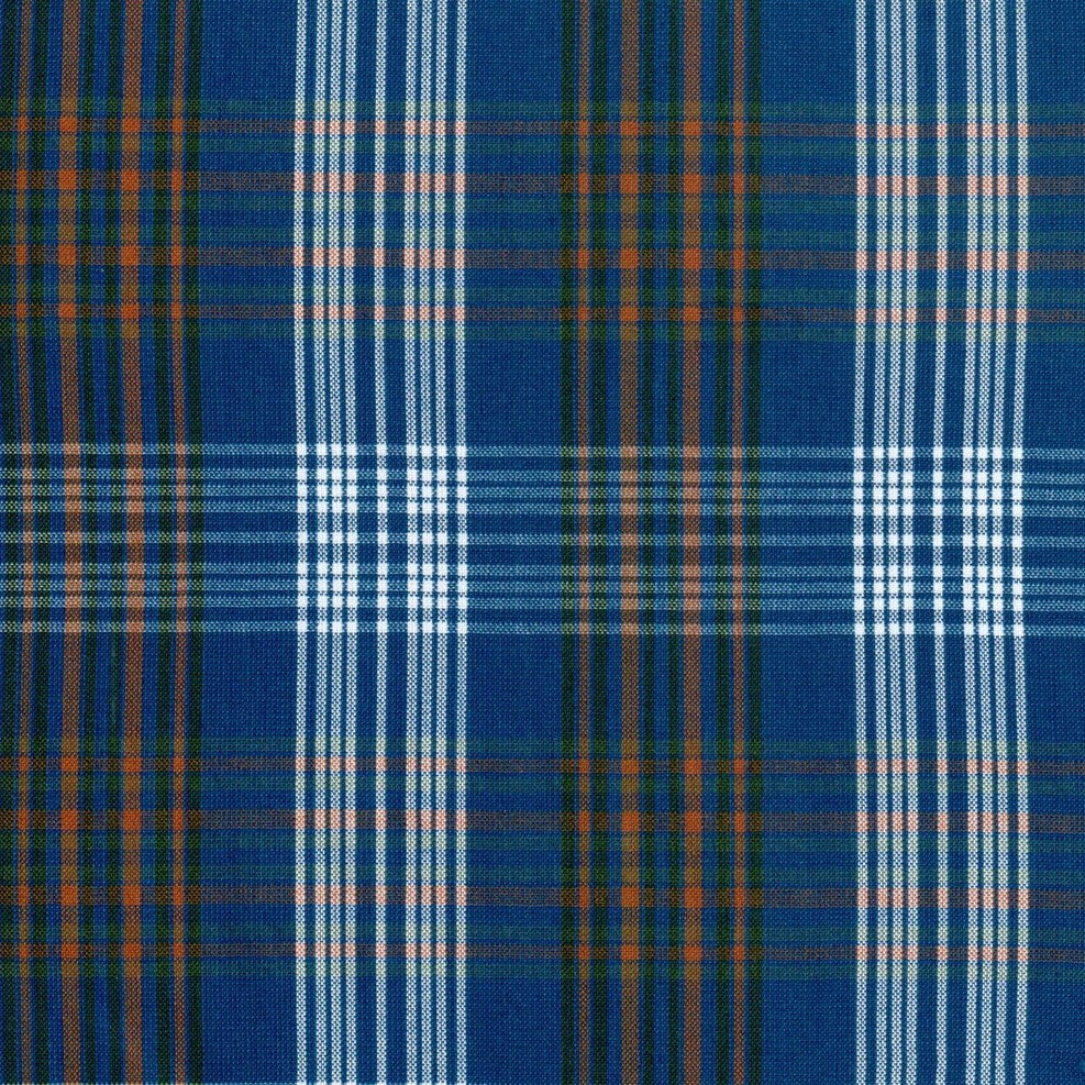 Tela polidacron escocés para uniformes SchoolLine azul, blanco y toques naranja; tejido tartán para uniformes escolares e institucionales.