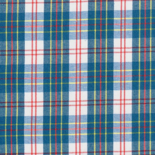 Tela para uniforme escocés de SchoolLine, tela a cuadros azul/blanco con líneas rojas y amarillas, ideal para uniformes escolares.