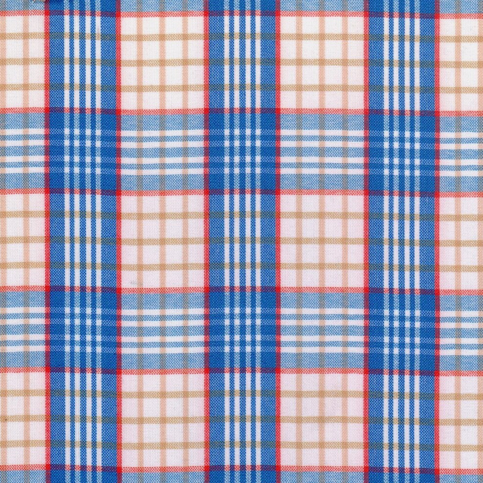 Tela para uniforme SchoolLine en escocés azul, rojo y beige; ideal para uniformes escolares e institucionales.