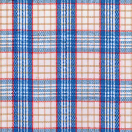 Tela para uniforme SchoolLine en escocés azul, rojo y beige; ideal para uniformes escolares e institucionales.