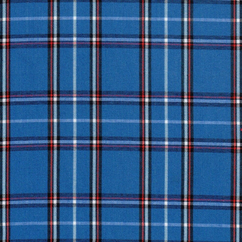 Tela para uniforme polidacron escocés azul con cuadros blancos y rojos; ideal para uniformes escolares e institucionales de SchoolLine.