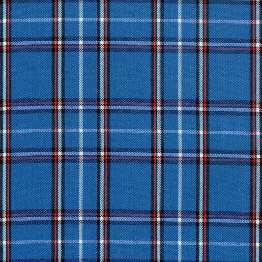 Tela para uniforme polidacron escocés azul con cuadros blancos y rojos; ideal para uniformes escolares e institucionales de SchoolLine.
