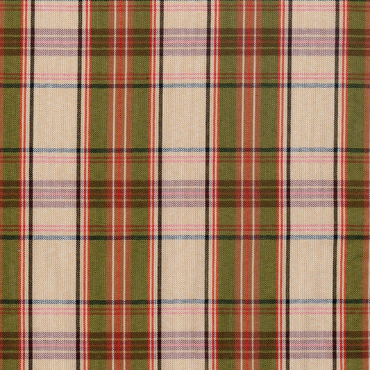 Tela escocesa polidacron SchoolLine en verde oliva, beige y rojo; ideal para uniformes escolares e institucionales.