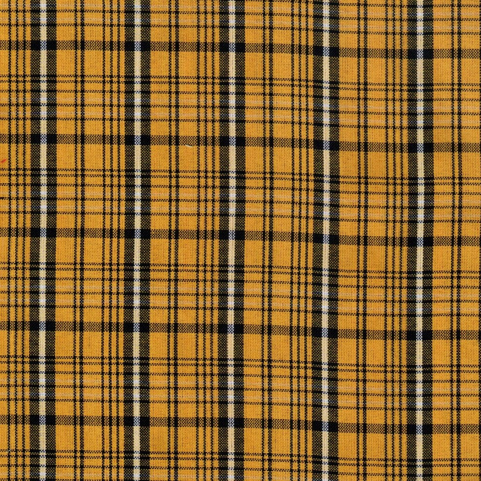 Tela escocés amarilla de SchoolLine, tartán con negro y blanco, ideal para uniformes escolares e institucionales.