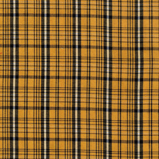 Tela escocés amarilla de SchoolLine, tartán con negro y blanco, ideal para uniformes escolares e institucionales.
