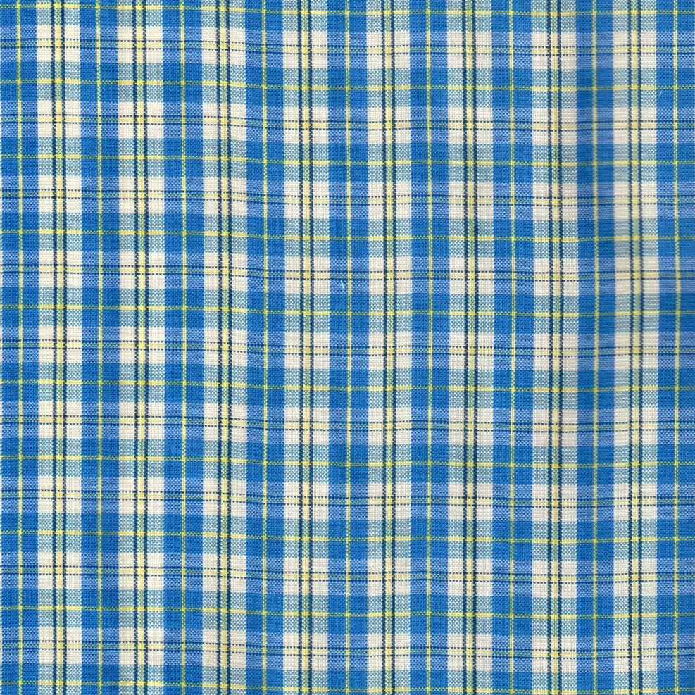 Tela polidacron escocés azul con cuadros blancos y líneas amarillas; tela para uniformes escolares, marca SchoolLine.