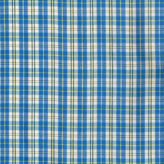 Tela polidacron escocés azul con cuadros blancos y líneas amarillas; tela para uniformes escolares, marca SchoolLine.