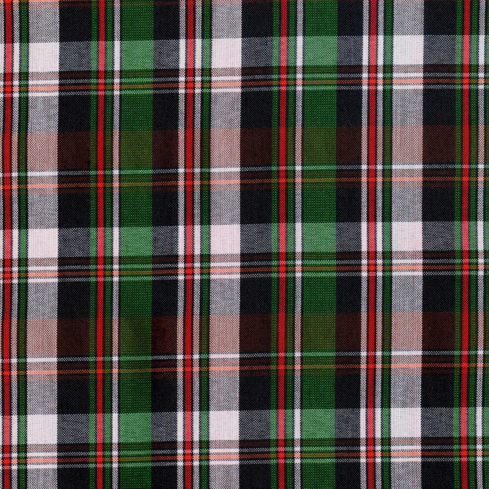 Tela para uniforme polidacron escocés SchoolLine, plaid verde, negro y rojo; ideal para uniformes escolares e institucionales.