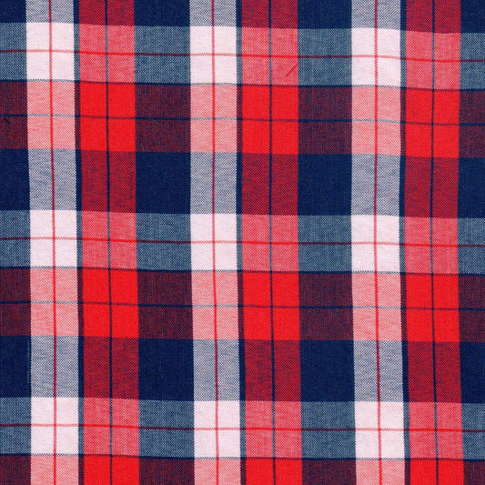 Tela polidacron escocés a cuadro rojo, azul y blanco; ideal para uniformes escolares e institucionales, SchoolLine