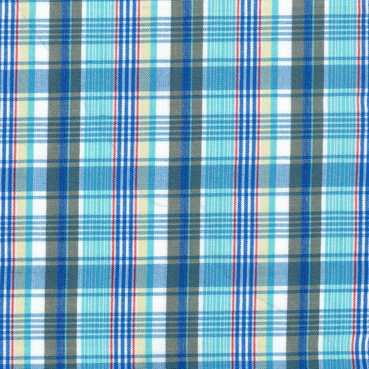 Tela polidacron escocés azul de SchoolLine, patrón tartán azul con líneas blancas, ideal para uniformes escolares e institucionales.