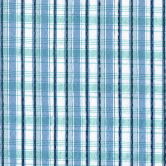 Tela polidacron escocés SchoolLine: cuadros azules y turquesa sobre fondo blanco, ideal para uniformes escolares.