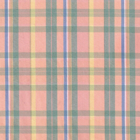 Tela polidacron escocés para uniformes escolares de SchoolLine; poliéster con estampado tartán melocotón, verde, azul y amarillo.