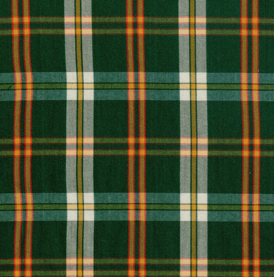 Tela para uniforme polidacron escocés SchoolLine, cuadros verde oscuro con rayas rojas y amarillas; ideal para uniformes escolares.
