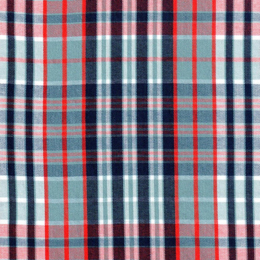 Tela polidacron escocés SchoolLine tartán rojo, azul marino y blanco; ideal para uniformes escolares e institucionales.