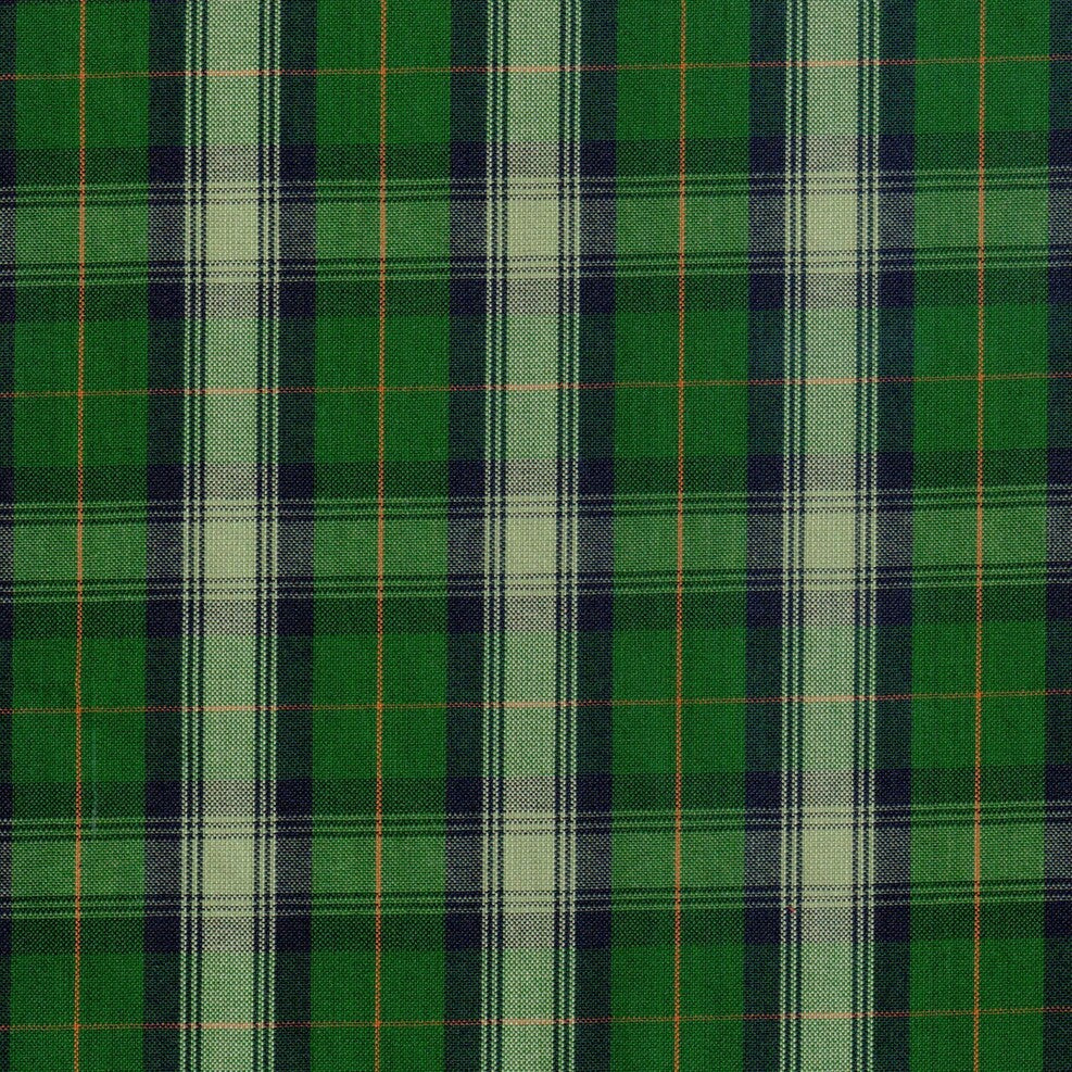Tela Uniline escocés verde con rayas crema, negro y naranja; ideal para uniformes escolares e institucionales, de SchoolLine.