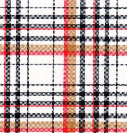 Tela Uniline escocés SchoolLine en cuadros beige, negro y rojo; ideal para uniformes escolares e institucionales.