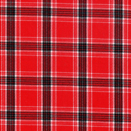 Tela con tejido diagonal para uniforme en color rojo con lineas negras y blancas para faldas y pantalones escolares