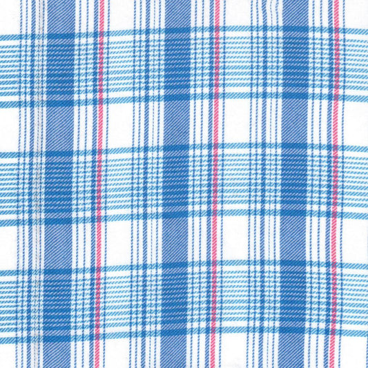 Tela con tejido diagonal para uniforme en color azul cielo con lineas azules oscuras  y rosadas para faldas y pantalones escolares