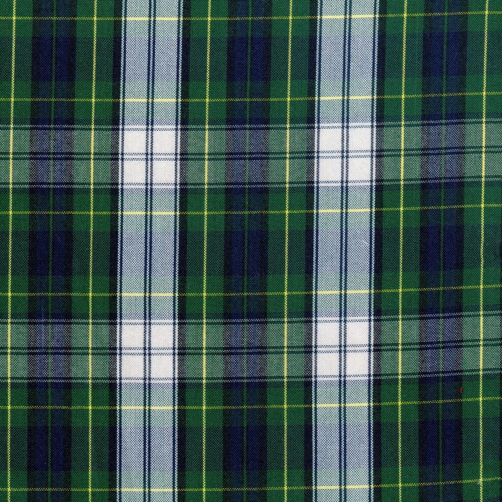 Tela de uniforme escolar a cuadros blancos y verdes con lineas amarillas