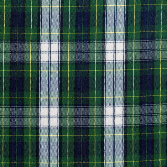 Tela de uniforme escolar a cuadros blancos y verdes con lineas amarillas