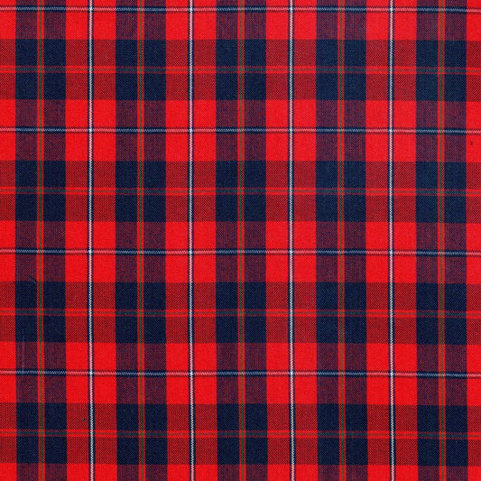 Tela roja con cuadros azules y lineas blancas para uniformes escolares