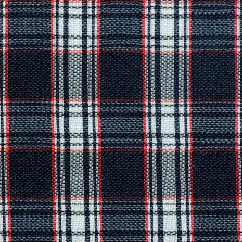 Tela en color azul con franjas blancas y lineas rojas para uniforme escolar